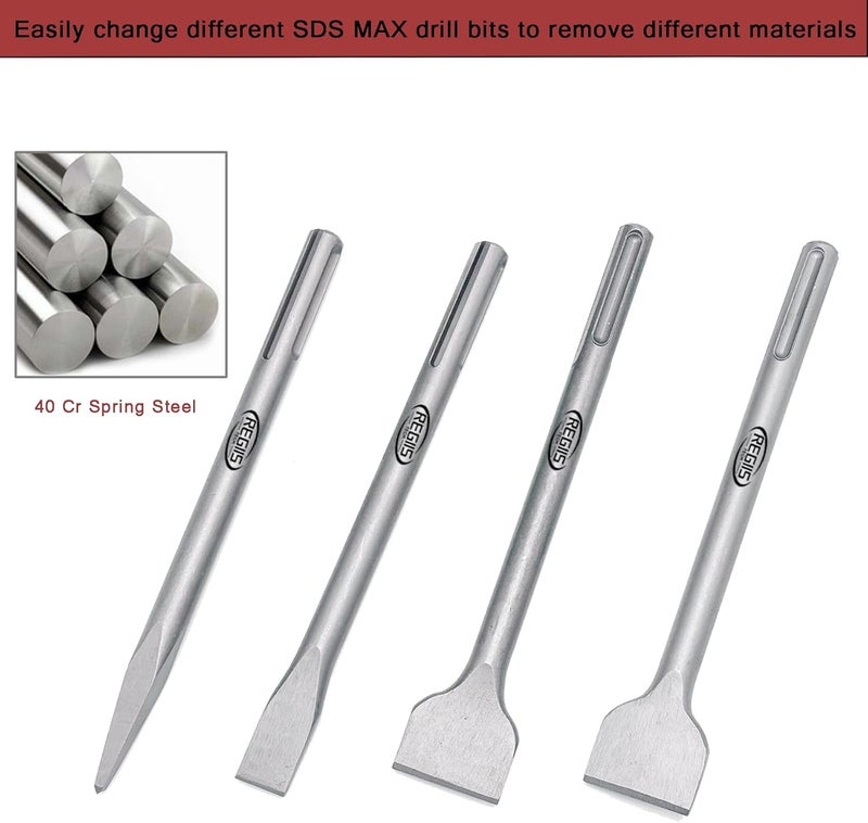 Regiis Tech 4 pcs SDS MAX 11 inch Chisel Set, Masonry Concrete Drill Bit Set, Tile Removal Chisel Bits for Rotary Hammer with Point Flat Tile Scraping Chisels - Image 5